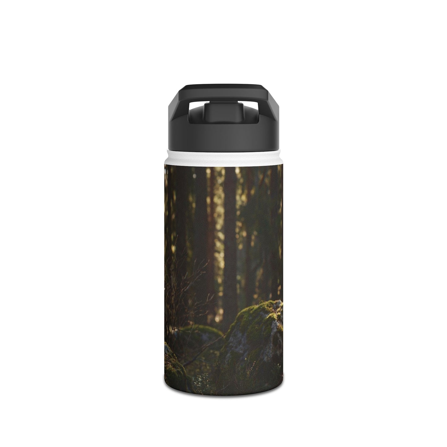 Winged Wolf in Sunlit Grove Stainless Steel Water Bottle, Standard Lid – Guardian of the Mossy Pines