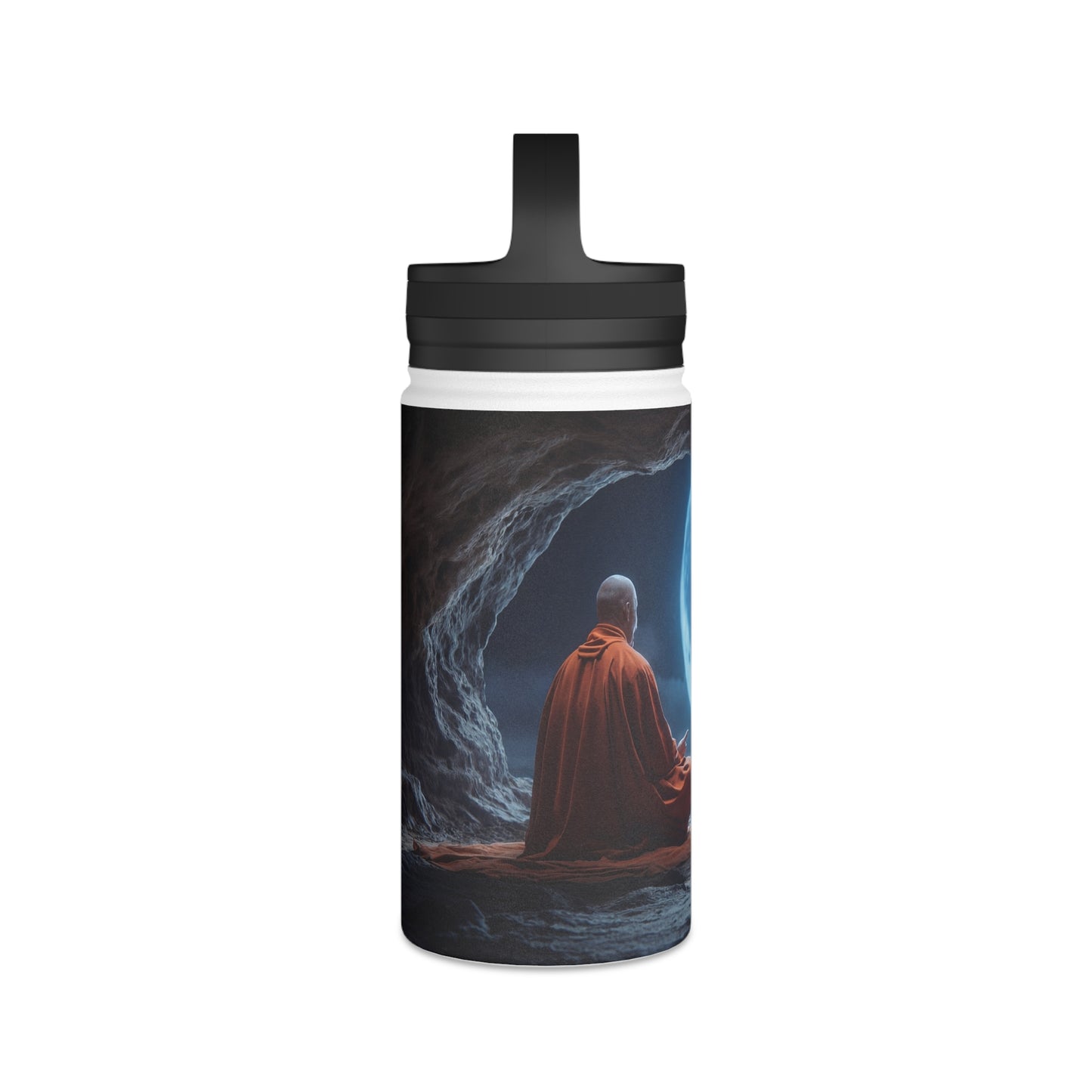Moonlit Meditation Monk Stainless Steel Water Bottle, Handle Lid – Silent Stillness Under Celestial Glow