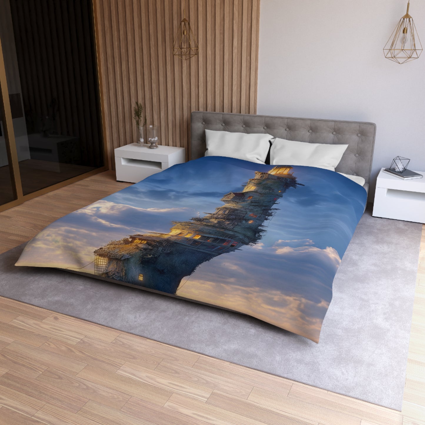 Skyward Lighthouse Microfiber Duvet Cover – A Beacon Through Twilight Clouds