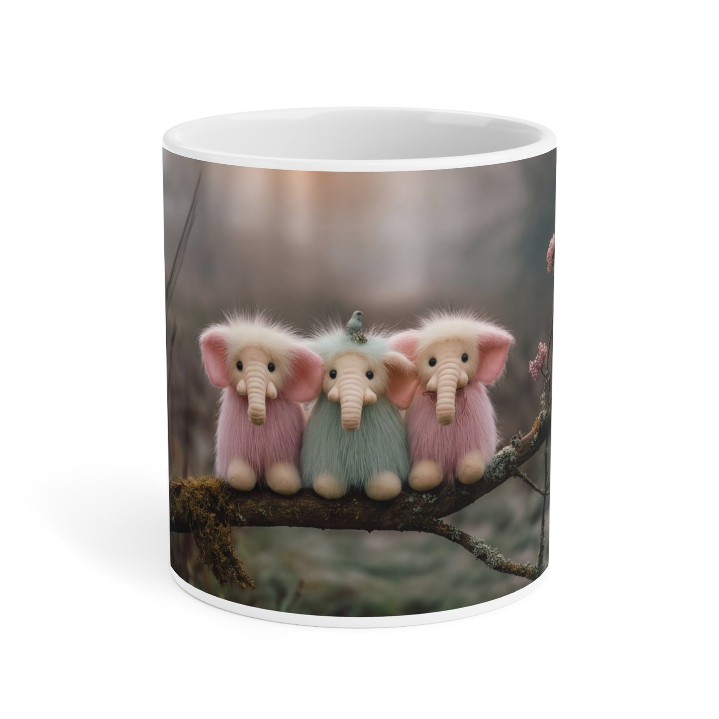 Three Furred Elephants Ceramic Mugs (11oz\15oz\20oz) – Dawn’s Whisper on Mossy Branch