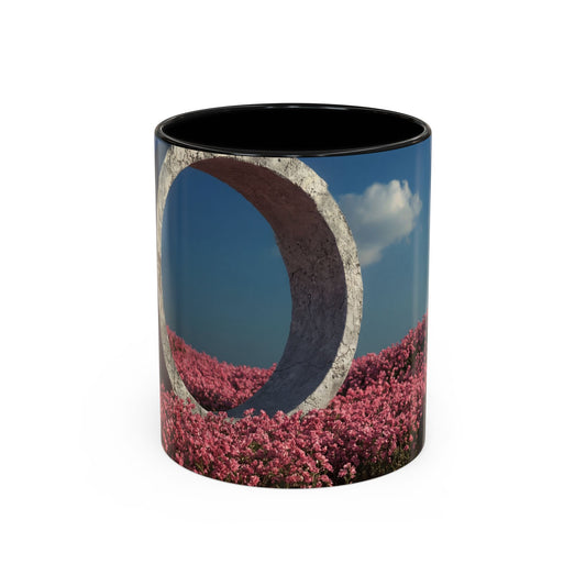 Stone Ring Garden Bloom Accent Coffee Mug – Cracked Concrete Portal in Pink Wildflowers