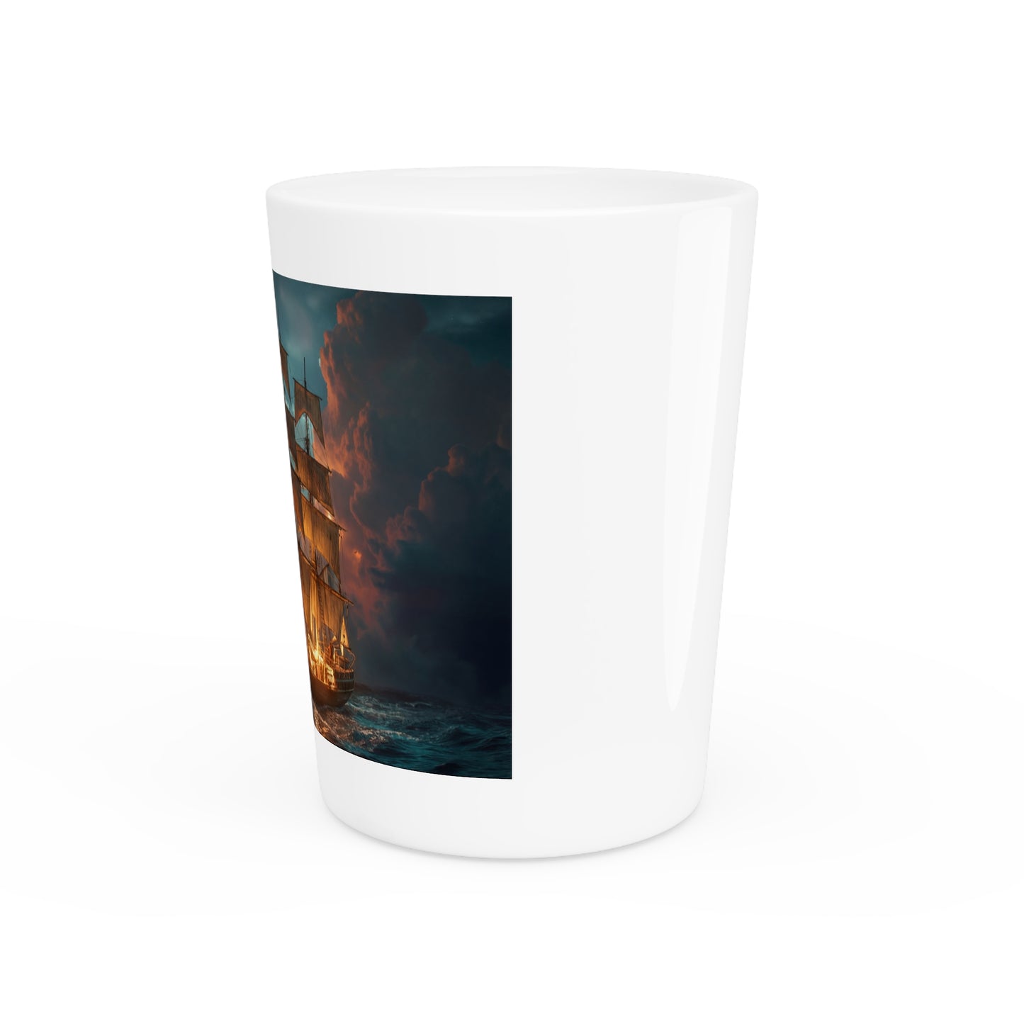 Stormbound Galleon Shot Glass – Golden Sails Against Burning Clouds