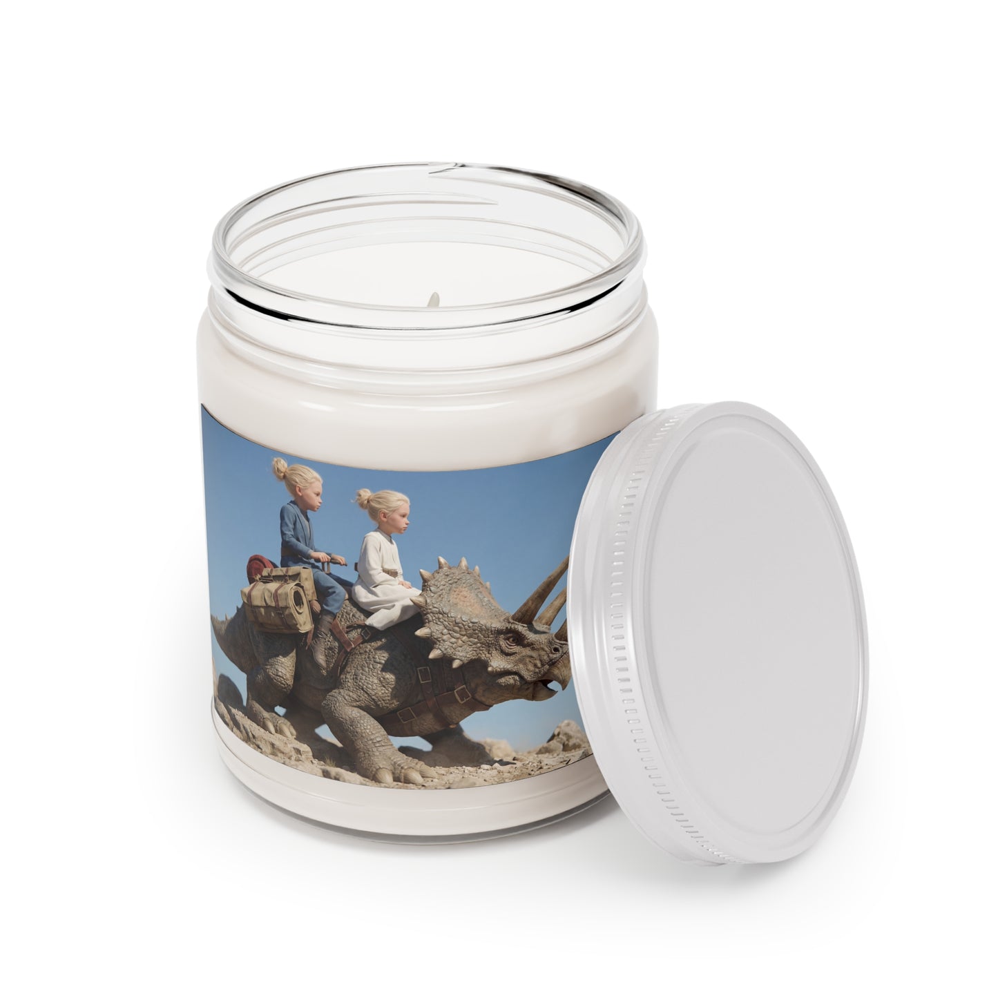 Twin Explorers on Triceratops Scented Soy Candles with White Lid, 9oz – Dusty Desert Odyssey