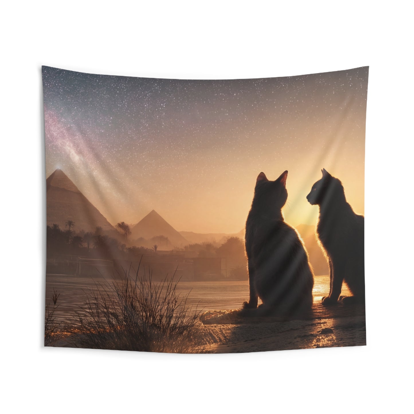 Starlit Pyramids Cat Wall Tapestry – Whispers of Ancient Cosmos