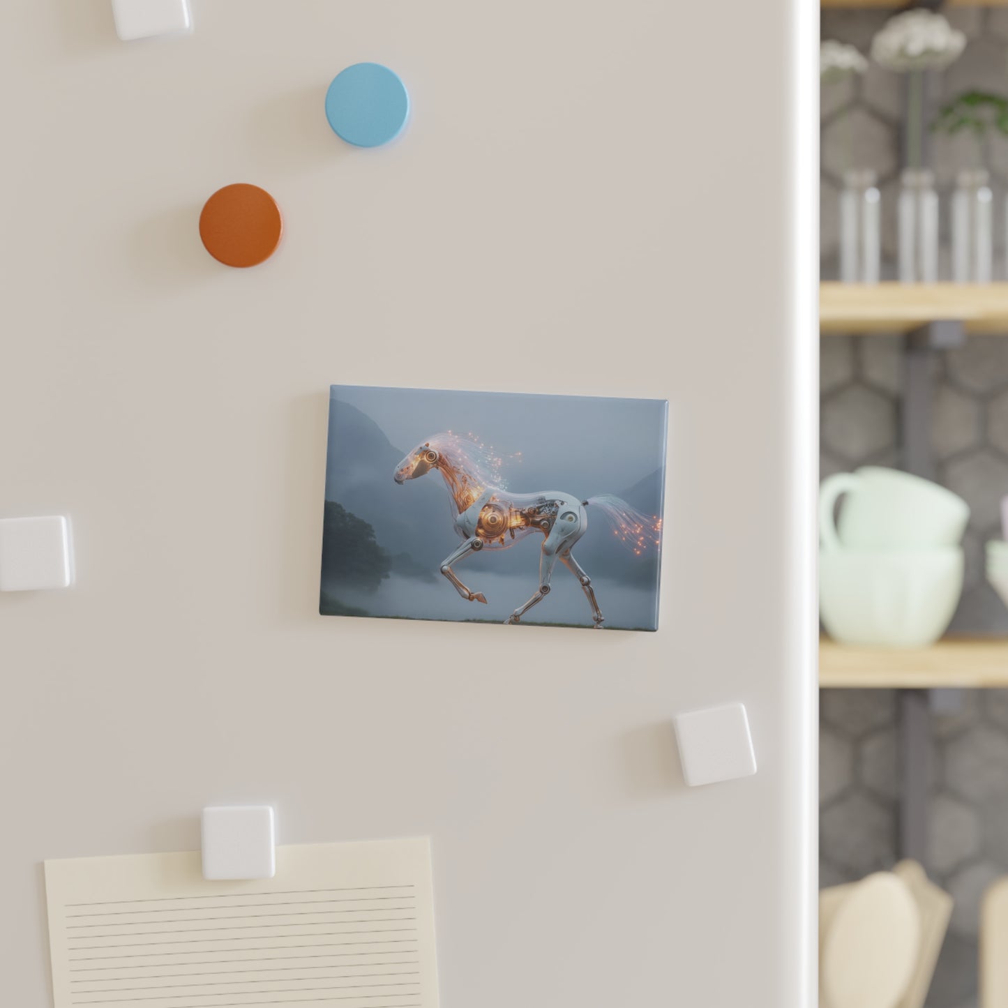 Cyber Steed Button Magnet, Rectangle (1 & 10 pcs) – Glowing Circuitry in Misty Dawn