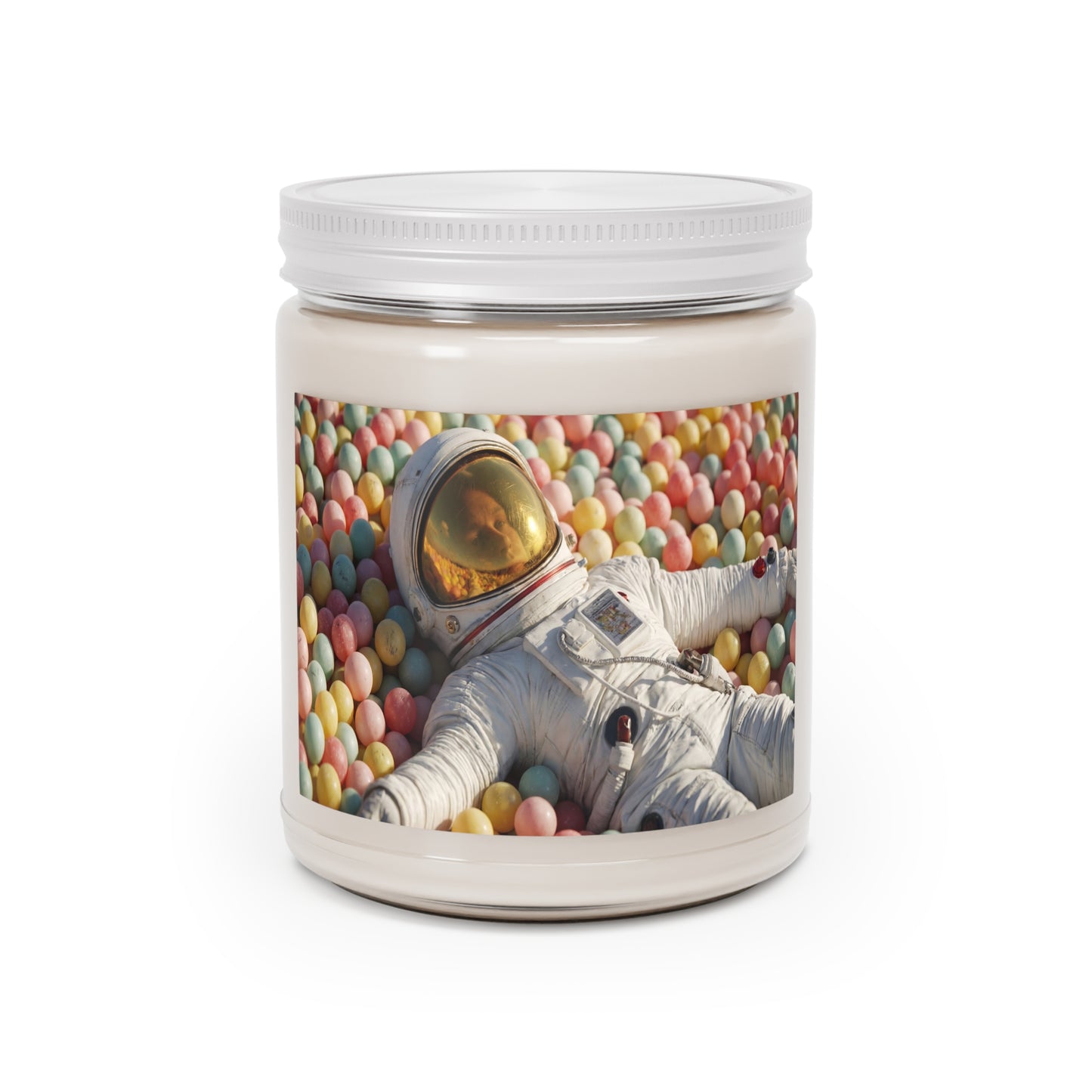 Astronaut in Pastel Ball Pit Scented Soy Candles with White Lid, 9oz – Weightless Playtime Dreamscape
