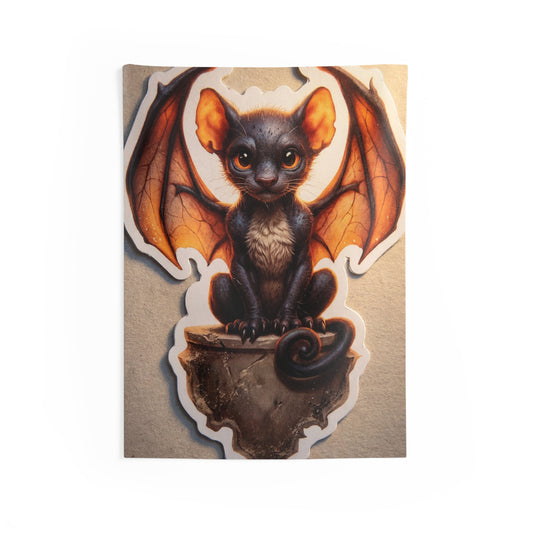 Winged Feline Sentinel Indoor Wall Tapestries – Warm Glow in Midnight Wings