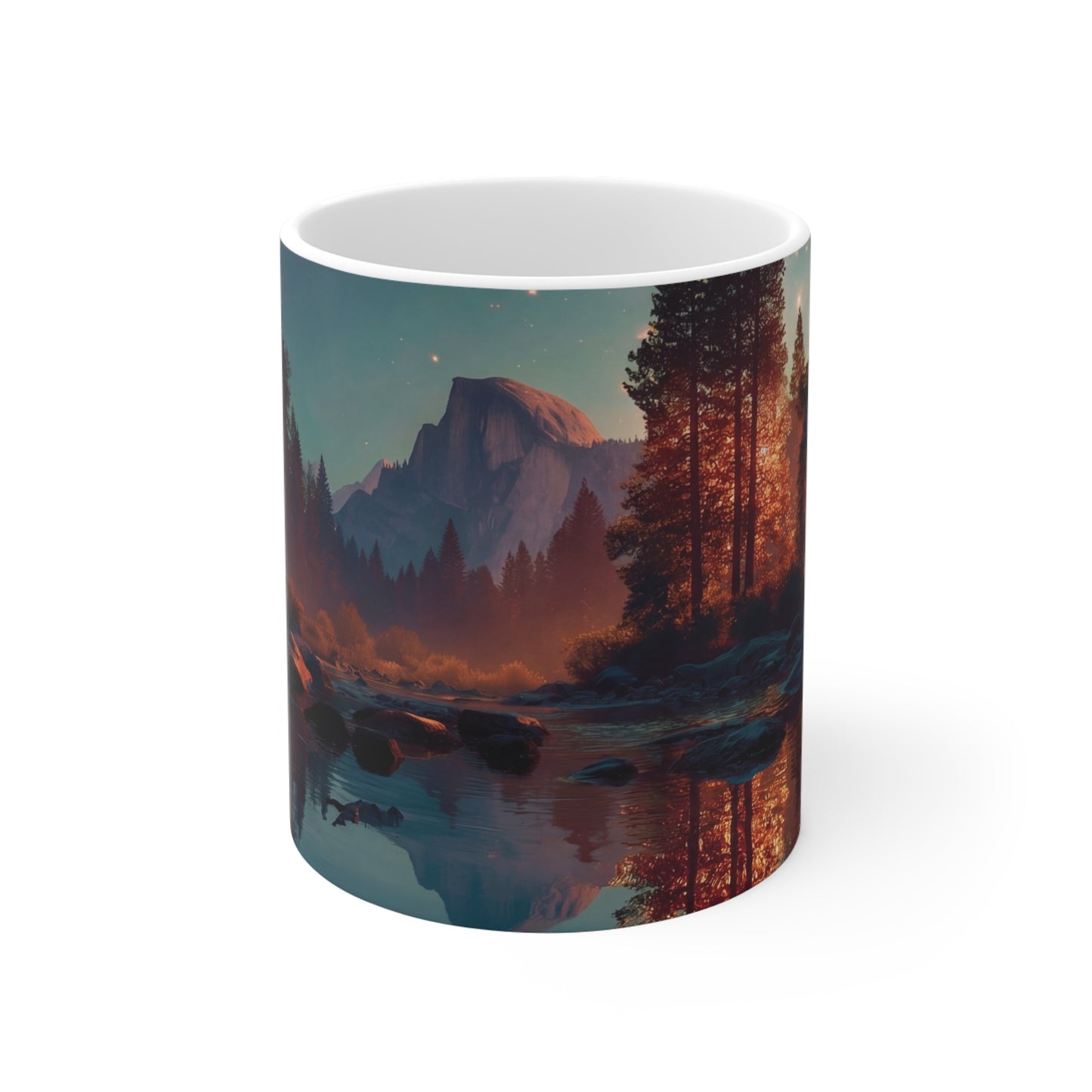 Starlit River Reflections Ceramic Mugs (11oz\15oz\20oz) – Half Dome’s Celestial Mirror