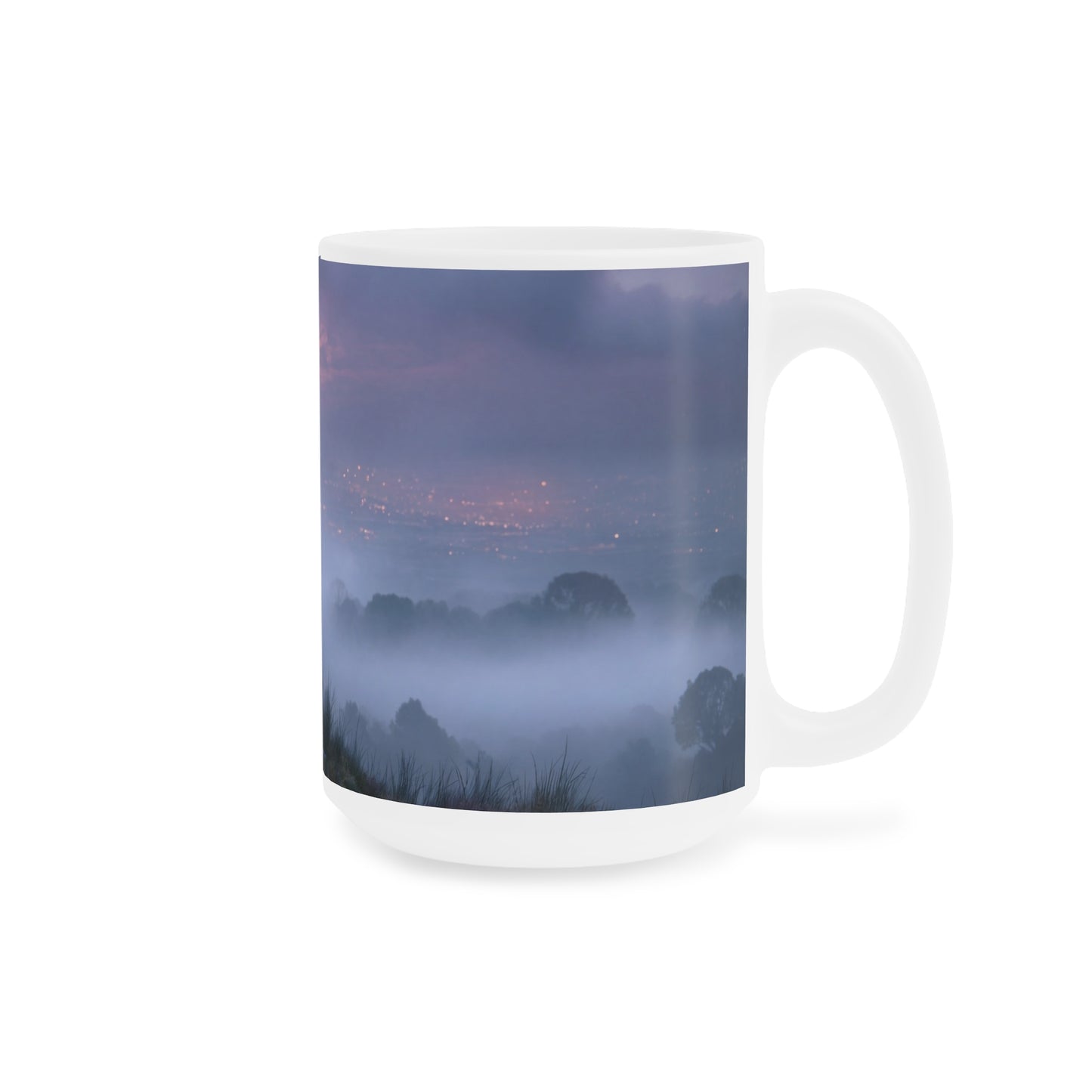 Twilight Sentinel Ceramic Mugs (11oz\15oz\20oz) – Moonlit Peak and Misty Cityscape