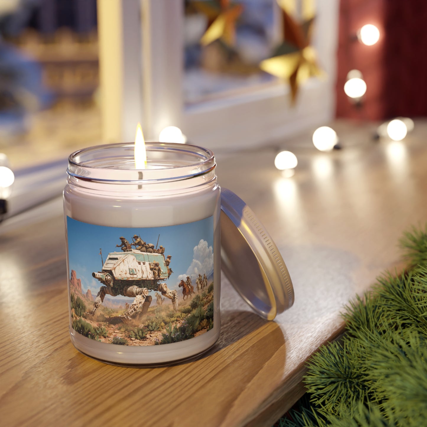 Desert Frontier Walker Candle – Rust-Scraped Mech and Cowboy Sunset