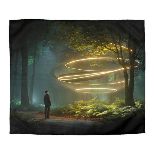 Title: Lumina Spiral Duvet Cover – Golden Rings in Whispering Woods