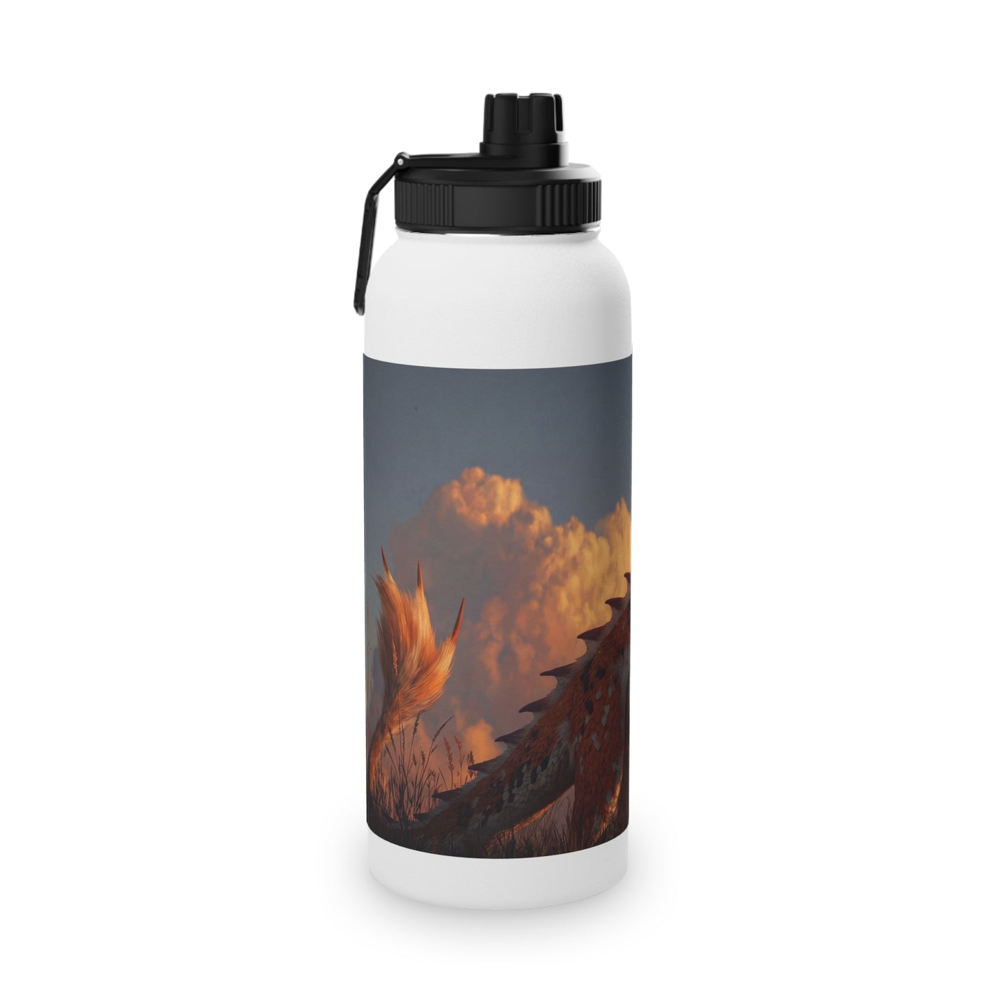 Sunset Sentinel Dragon Stainless Steel Water Bottle, Sports Lid – Amber Scale Horizon