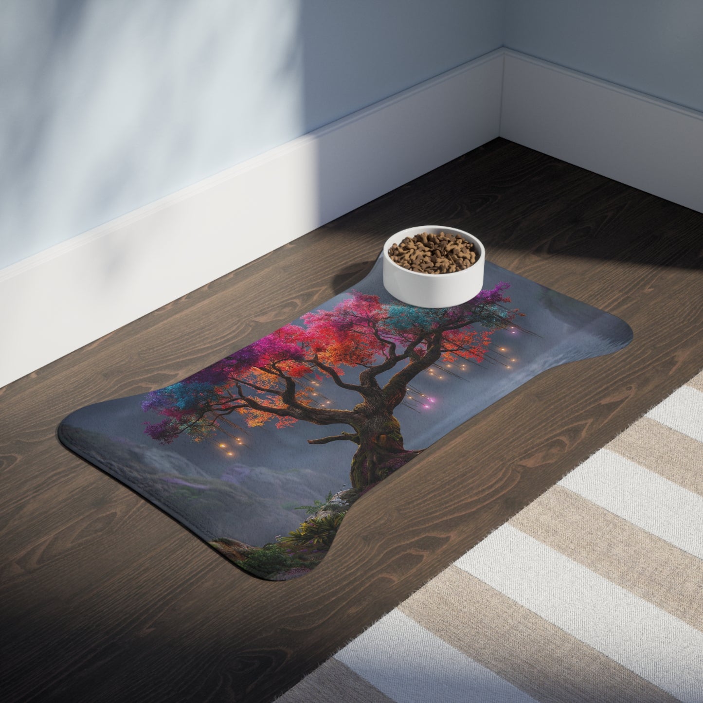 Color-Shifting Moonlit Tree Feeding Mats – Rainbow Canopy & Hanging Lanterns