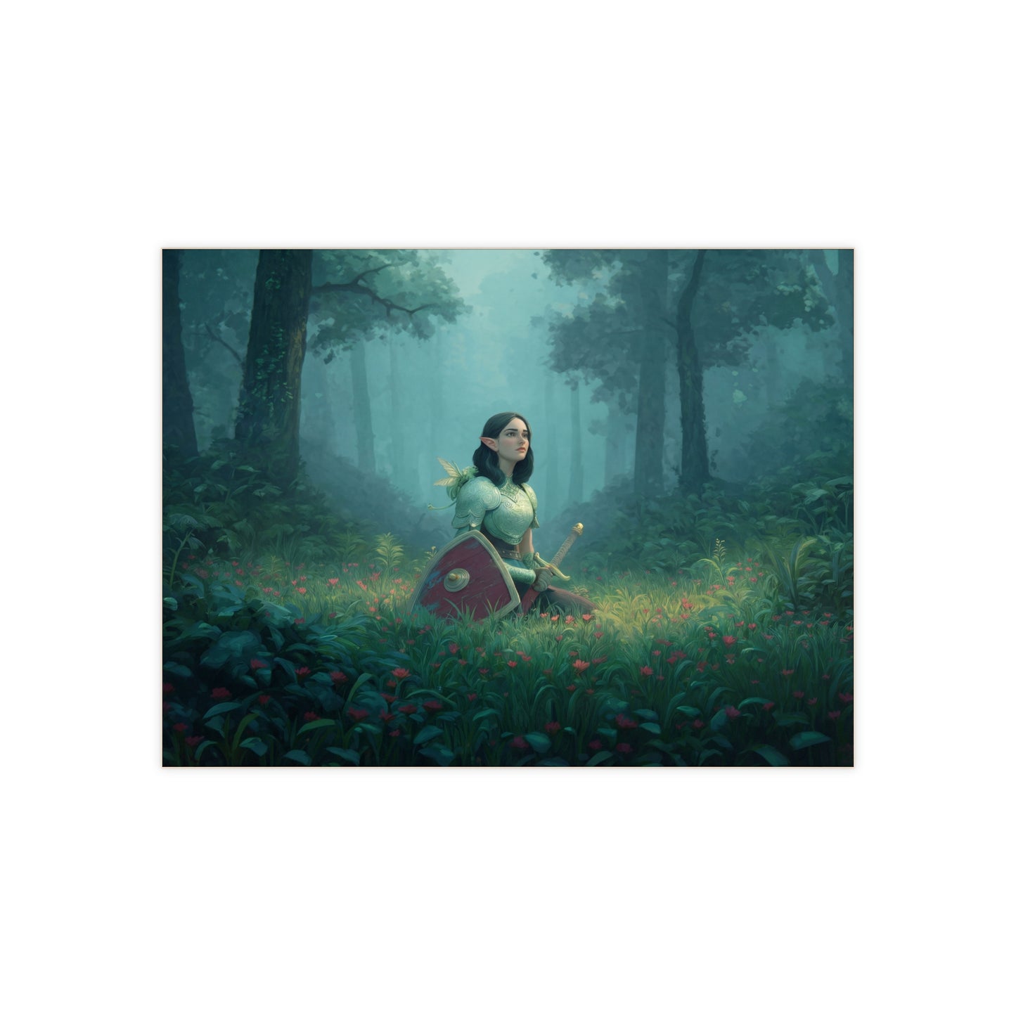 Elven Warrior in Misty Grove Ceramic Photo Tile – Guardian of Whispering Woods