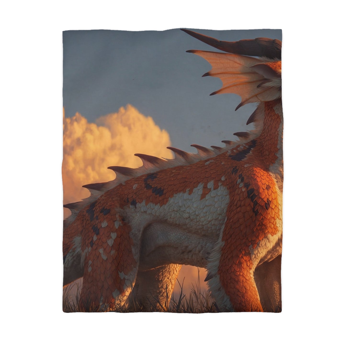 Sunset Sentinel Dragon Microfiber Duvet Cover – Warm Amber Glow in Wild Grass