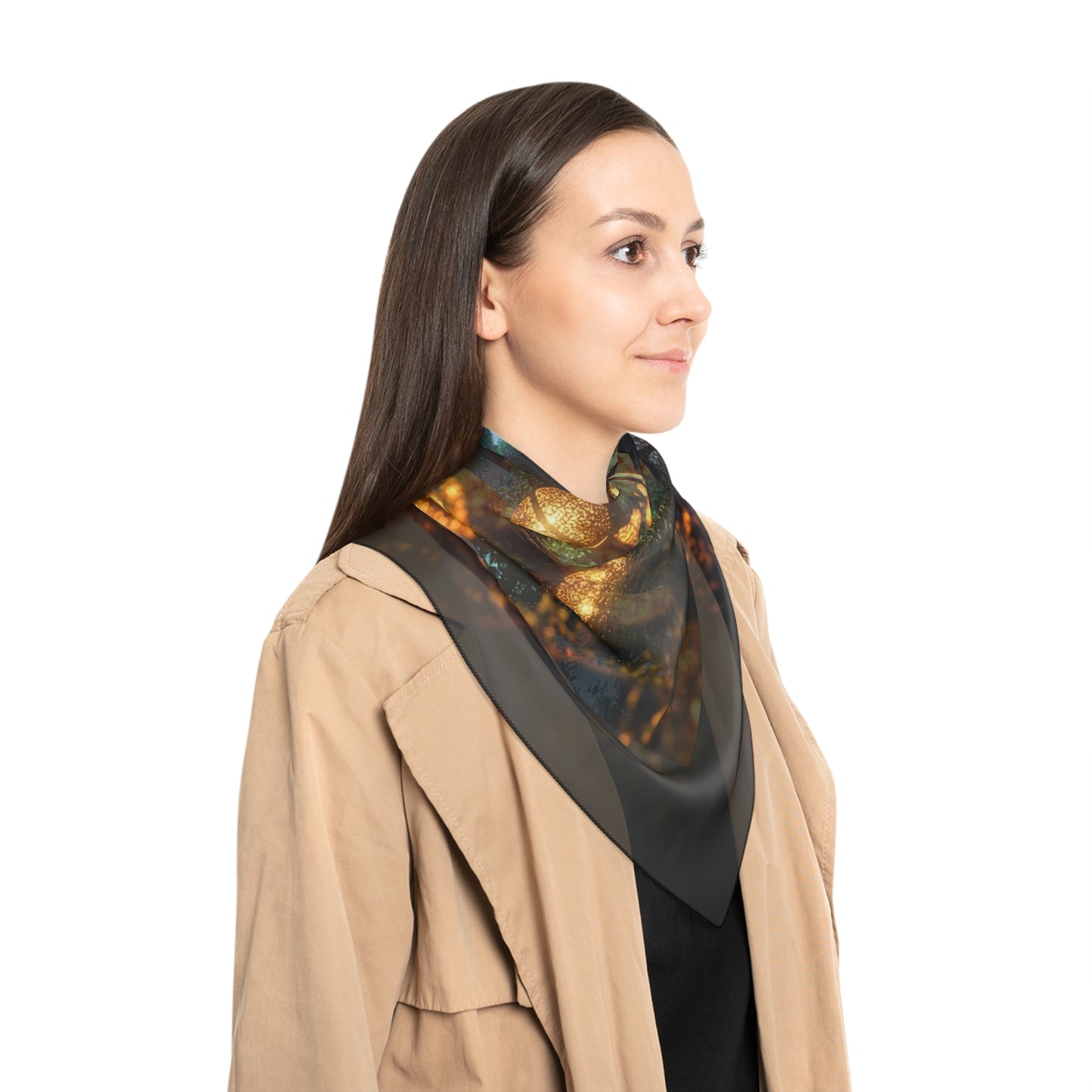 Luminous Forest Path Poly Scarf – Warm Lanterns Through Whispering Trees