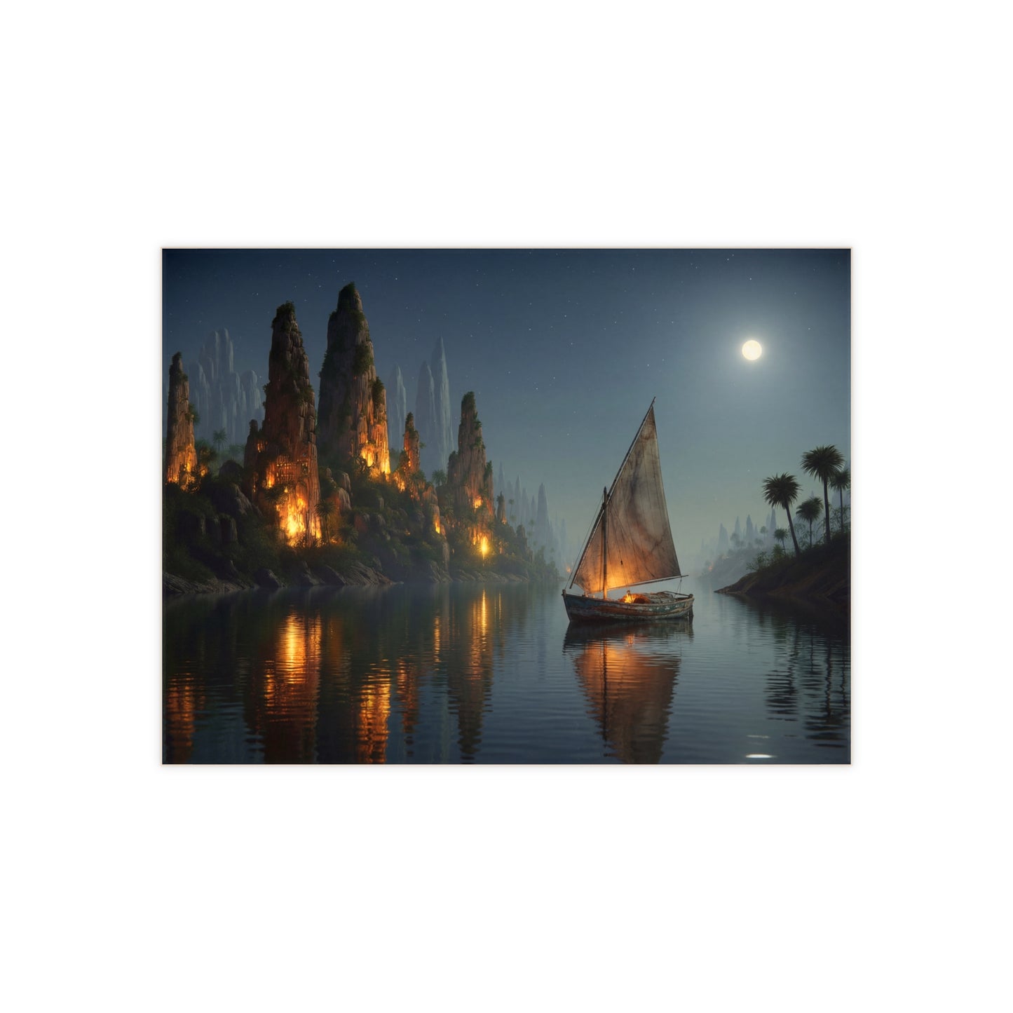 Moonlit River Voyage Ceramic Photo Tile – Warm Light Through Ancient Peaks