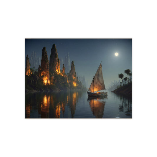 Moonlit River Voyage Ceramic Photo Tile – Warm Light Through Ancient Peaks