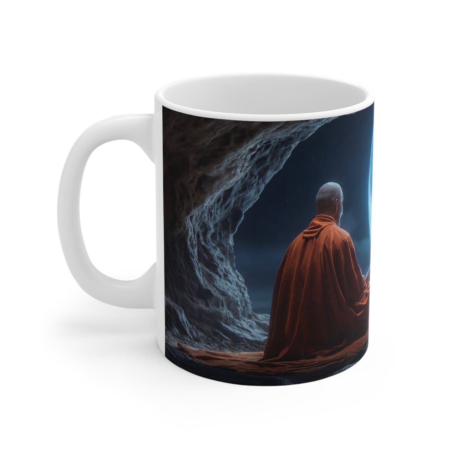 Moonlit Monk Ceramic Mugs (11oz\15oz\20oz) – Silent Reflection Beneath the Celestial Disc