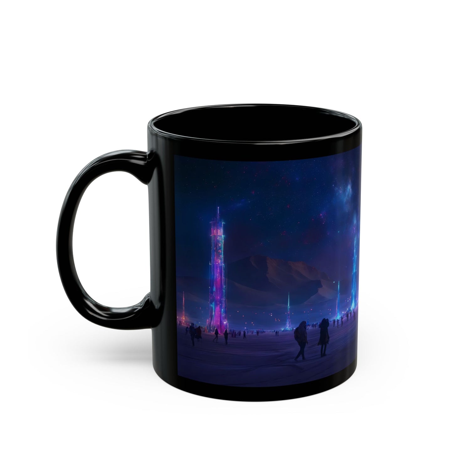 Cosmic Spirefield Black Mug – Neon Cathedral Under Starfall