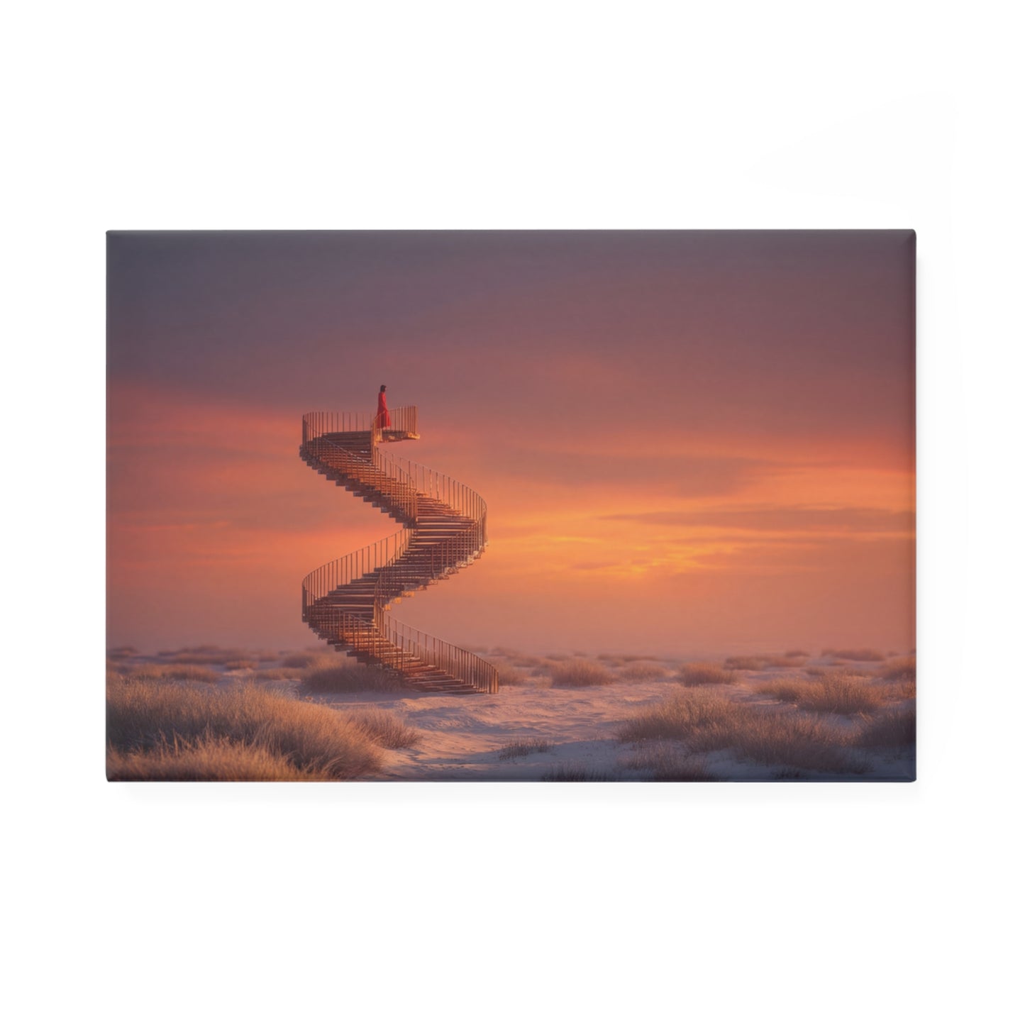 Spiral Staircase Sunset Magnet – Red Robe Ascension in Golden Twilight