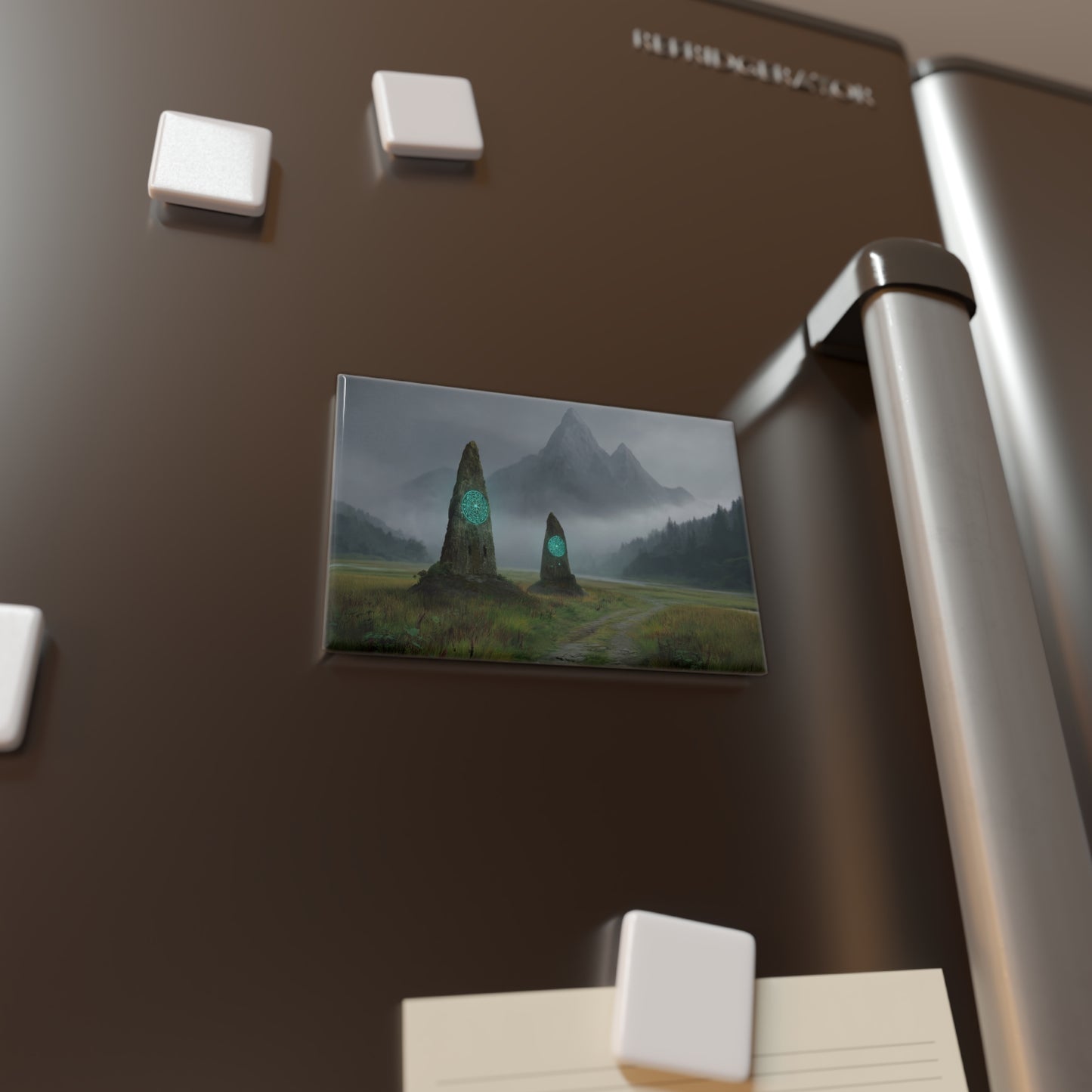 Ancient Portal Stones Button Magnet, Rectangle (1 & 10 pcs) – Glowing Glyphs in Misty Vale