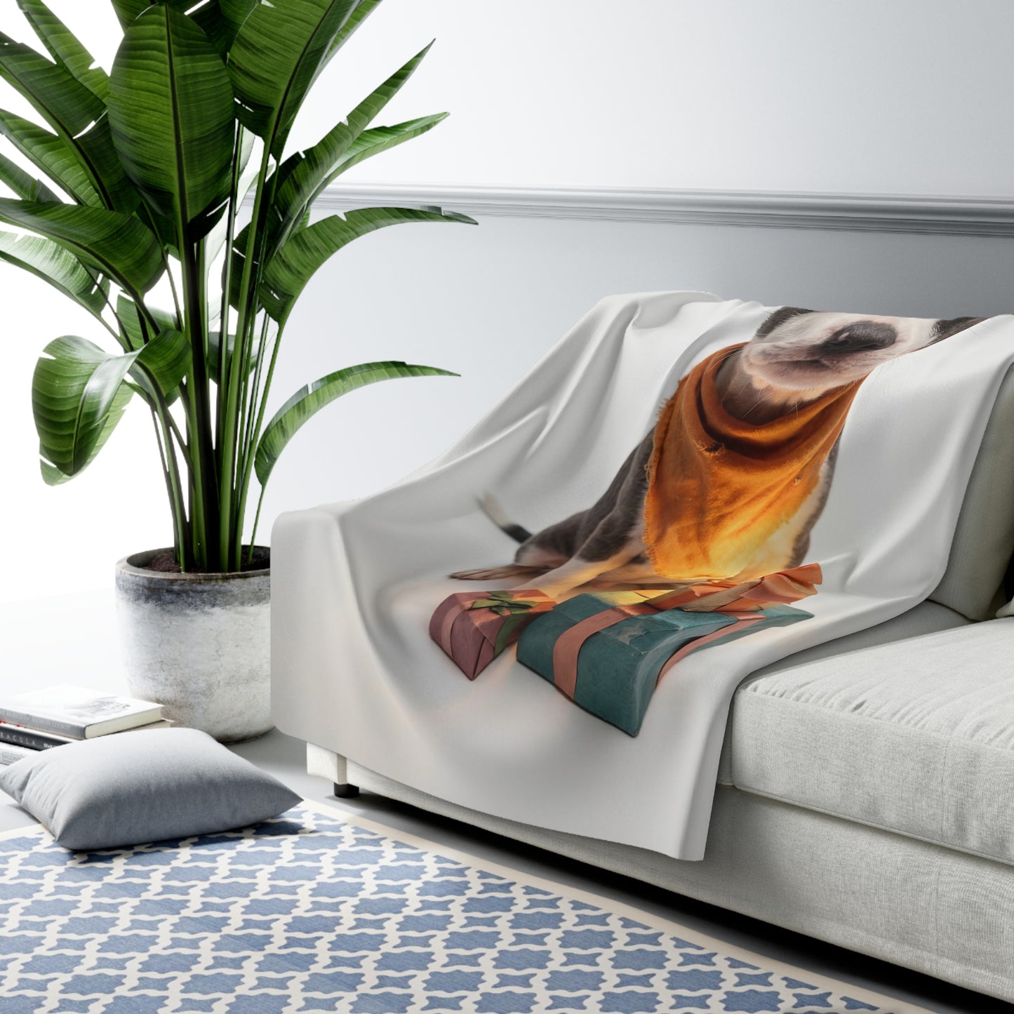 Gifted Puppy Sherpa Fleece Blanket – Rustic Bandana Present Scene