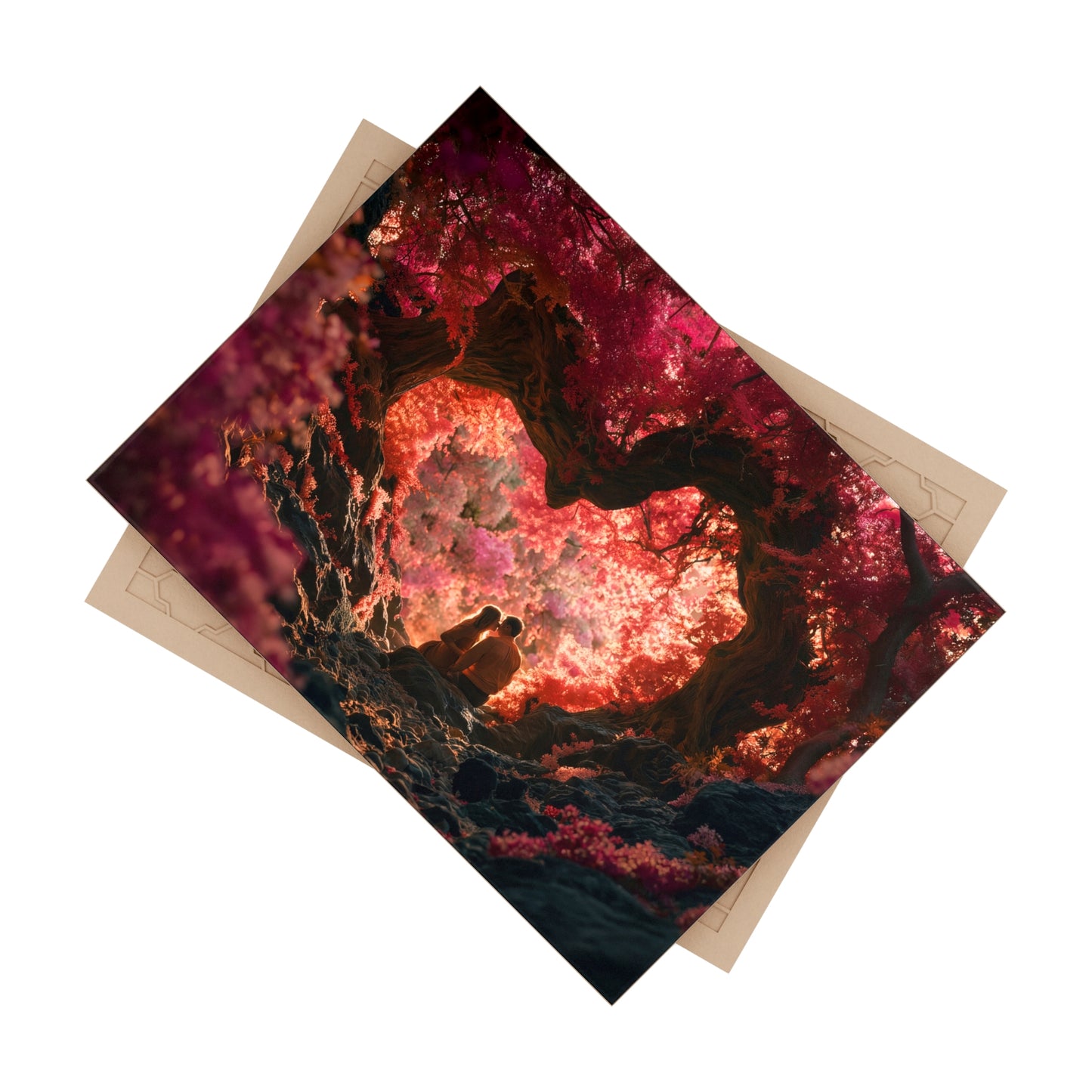 Crimson Canopy Love Scene Ceramic Photo Tile – Whispering Trees at Dusk