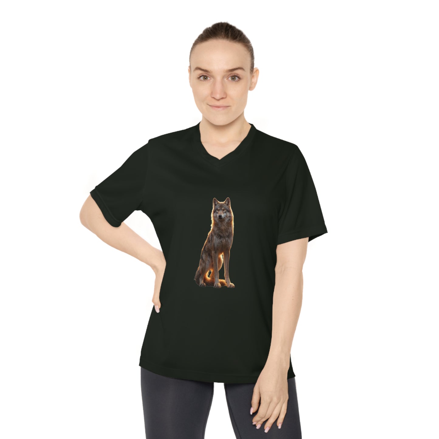 Golden Sentinel Wolf Women's Performance V-Neck T-Shirt – Amber Glow on Black
