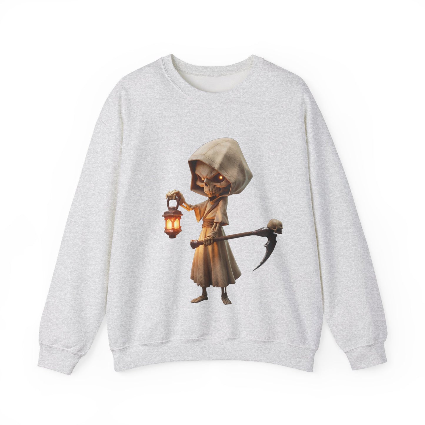 Lantern-Bearing Grim Reaper Unisex Heavy Blend™ Crewneck Sweatshirt – Ember-Lit Sentinel with Scythe and Skull-Capped Blade