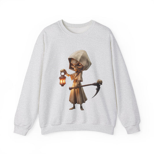 Lantern-Bearing Grim Reaper Unisex Heavy Blend™ Crewneck Sweatshirt – Ember-Lit Sentinel with Scythe and Skull-Capped Blade
