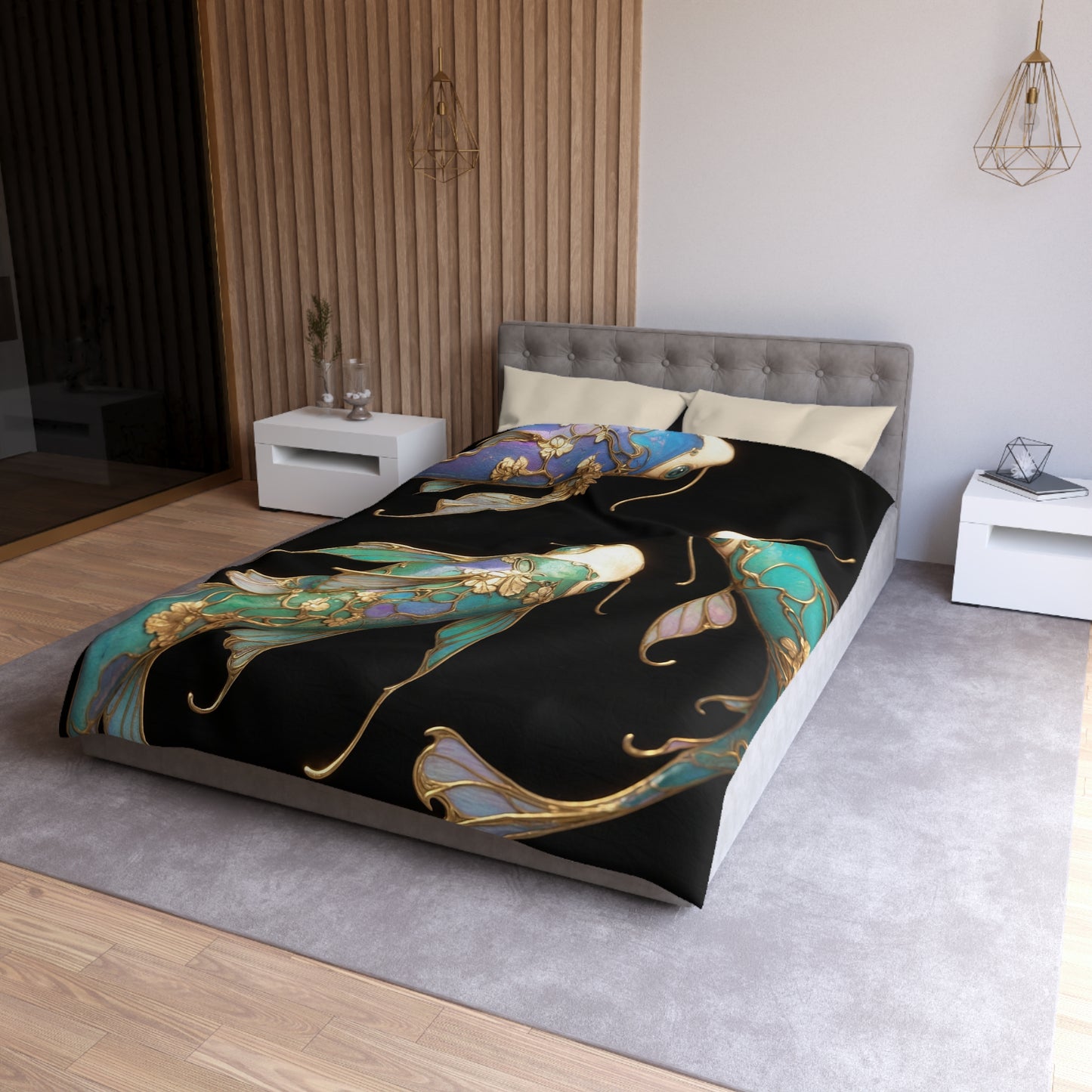 Art Nouveau Koi Microfiber Duvet Cover – Liquid Light in Midnight Depths