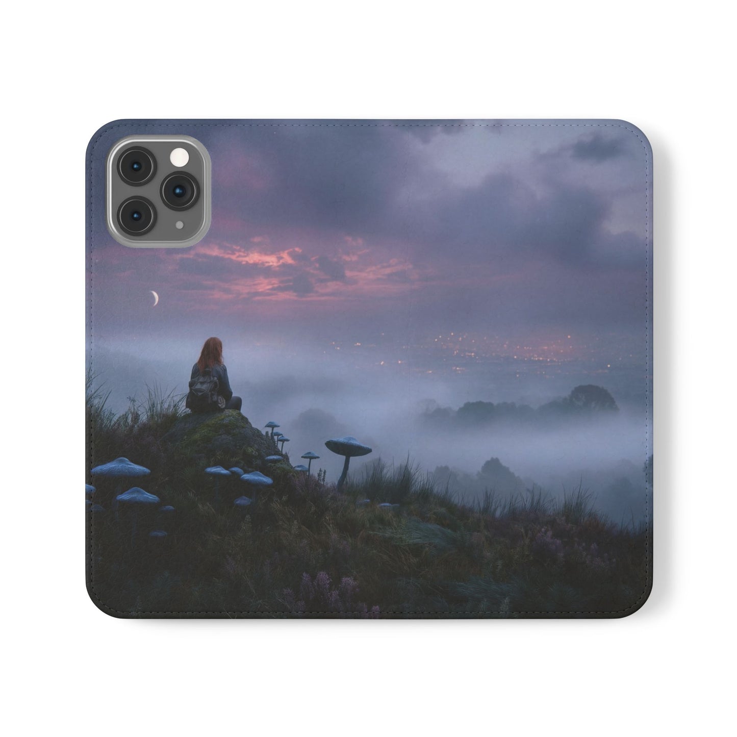 Misty Hilltop Flip Cases – Red-Haired Wanderer at Twilight