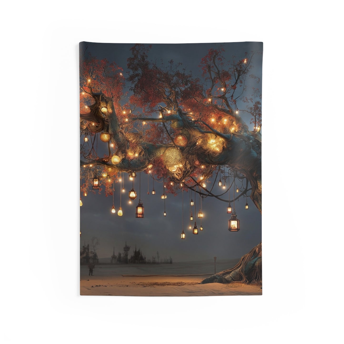 Lantern Tree Wall Tapestry – Desert Nightscape with Glowing Lights