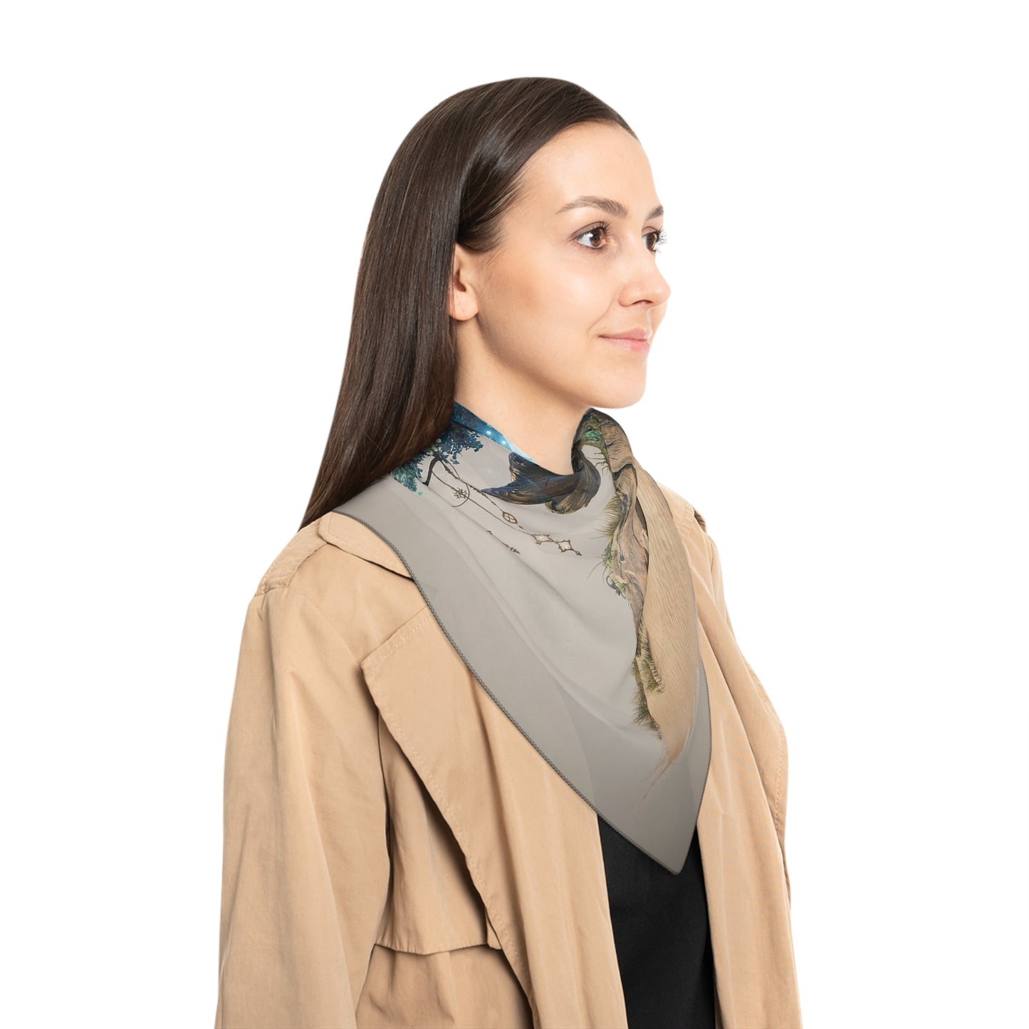 Whispering Wisdom Tree Poly Scarf – Azure Luminescence in Desert Bloom