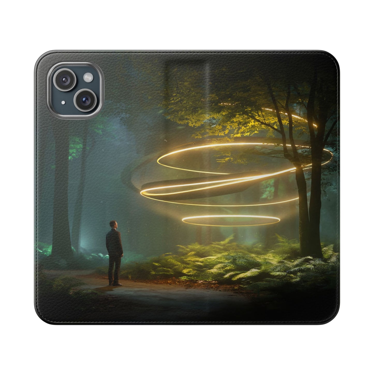 Luminous Spiral Forest Flip Cases – Golden Light Rings Mystery Scene