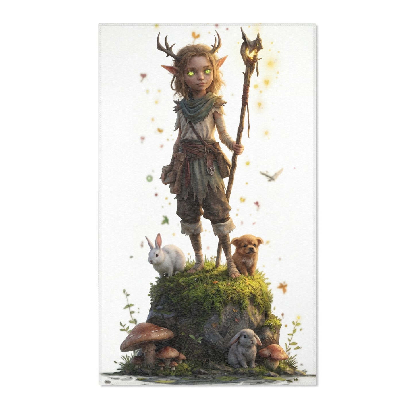 Forest Sentinel Area Rug – Glowing Antlered Child Amid Mushrooms and Rabbits
