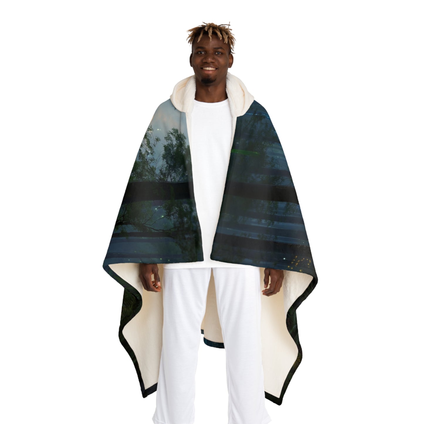 Celestial Forest Stream Hooded Sherpa Fleece Blanket – Azure Lightfall Dreamscape