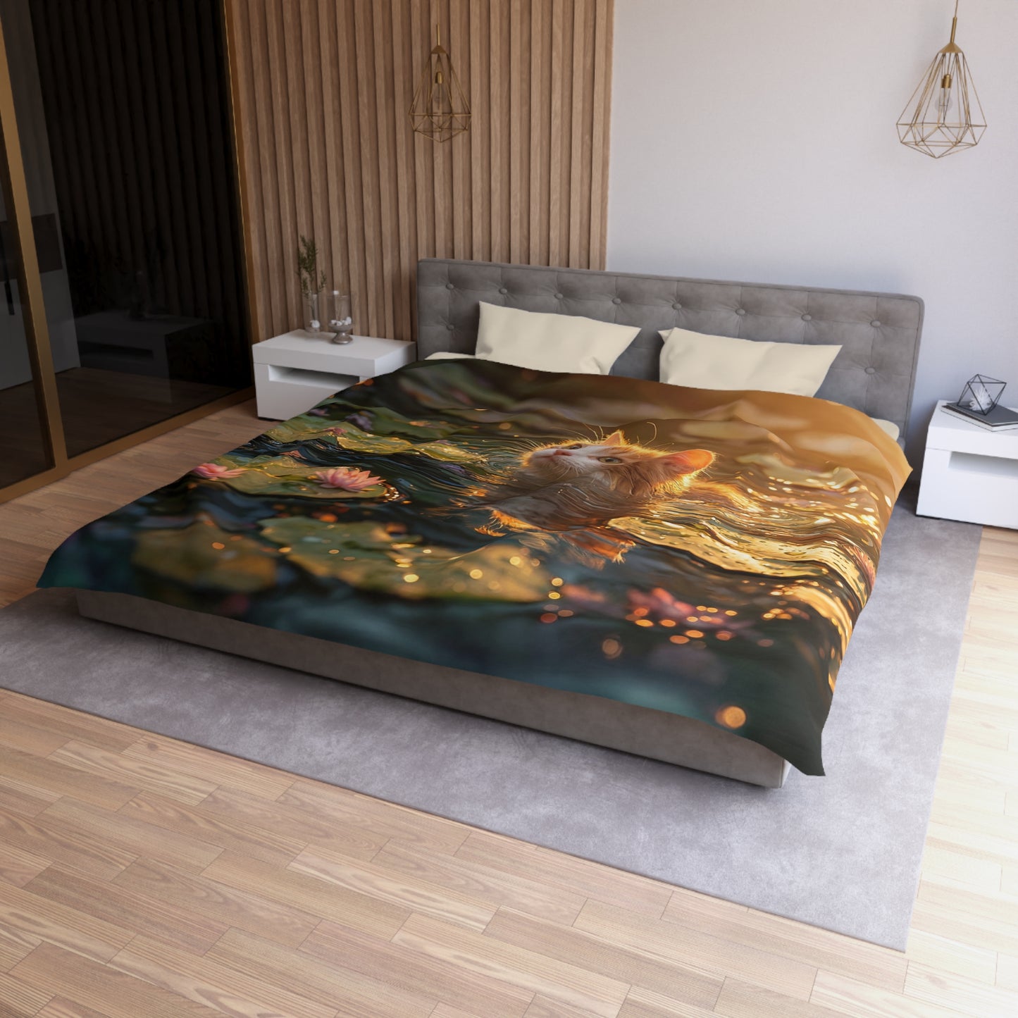 Sunlit Lotus Cat Microfiber Duvet Cover – Golden Hour Serenity