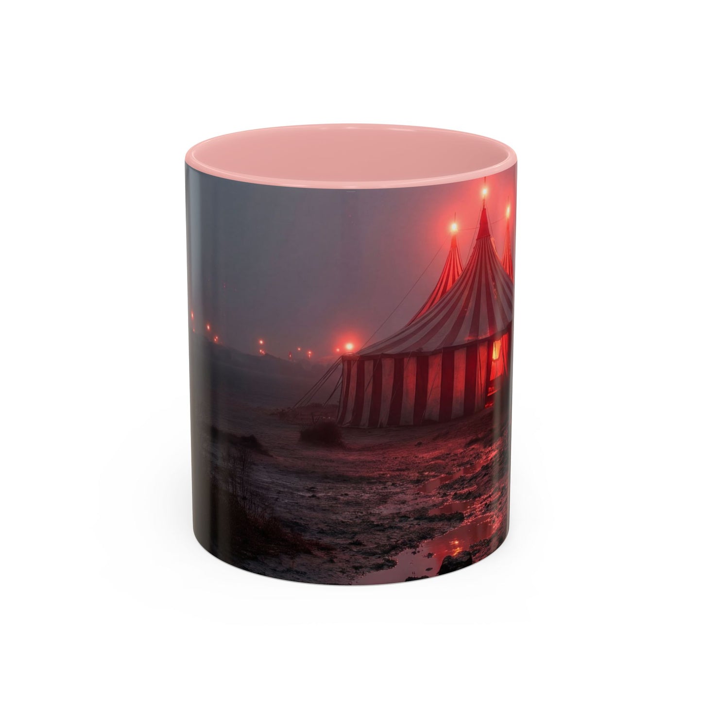 Crimson Circus Tent Accent Coffee Mug (11, 15oz) – Fog-Drenched Midnight Wonder