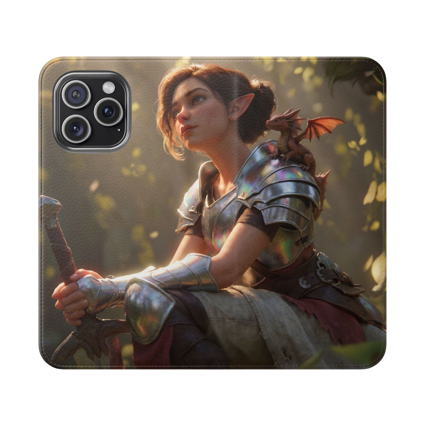 Elven Knight with Dragon Flip Cases – Iridescent Armor & Tiny Guardian Portrait