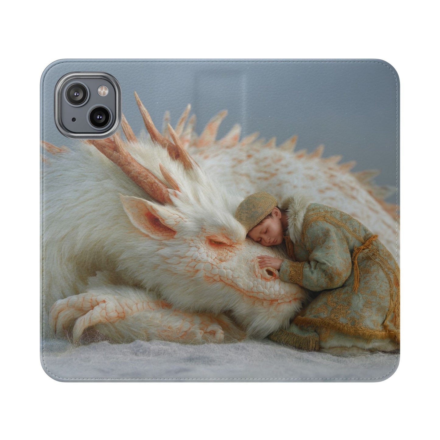Sleeping Child and Dragon Flip Cases – Snowy Guardian Embrace