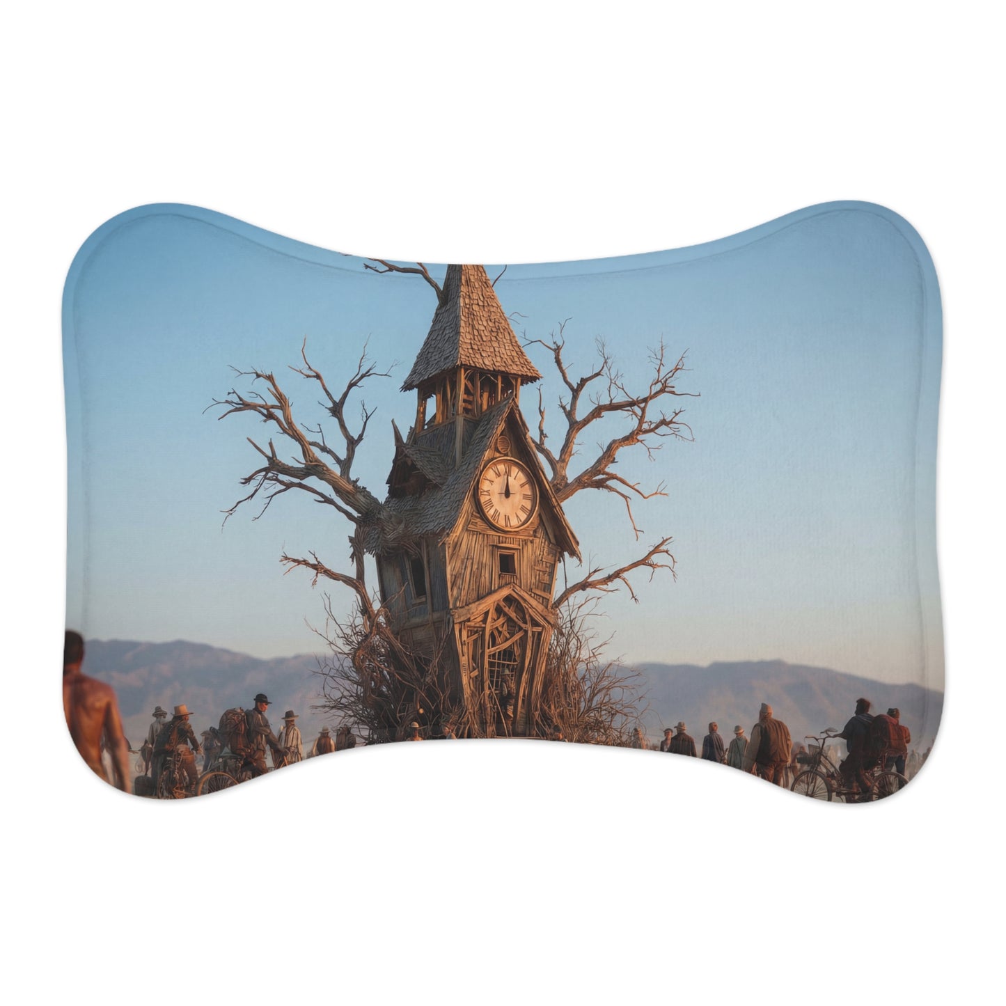 Driftwood Clock Tower Pet Feeding Mats – Post-Apocalyptic Travellers Scene