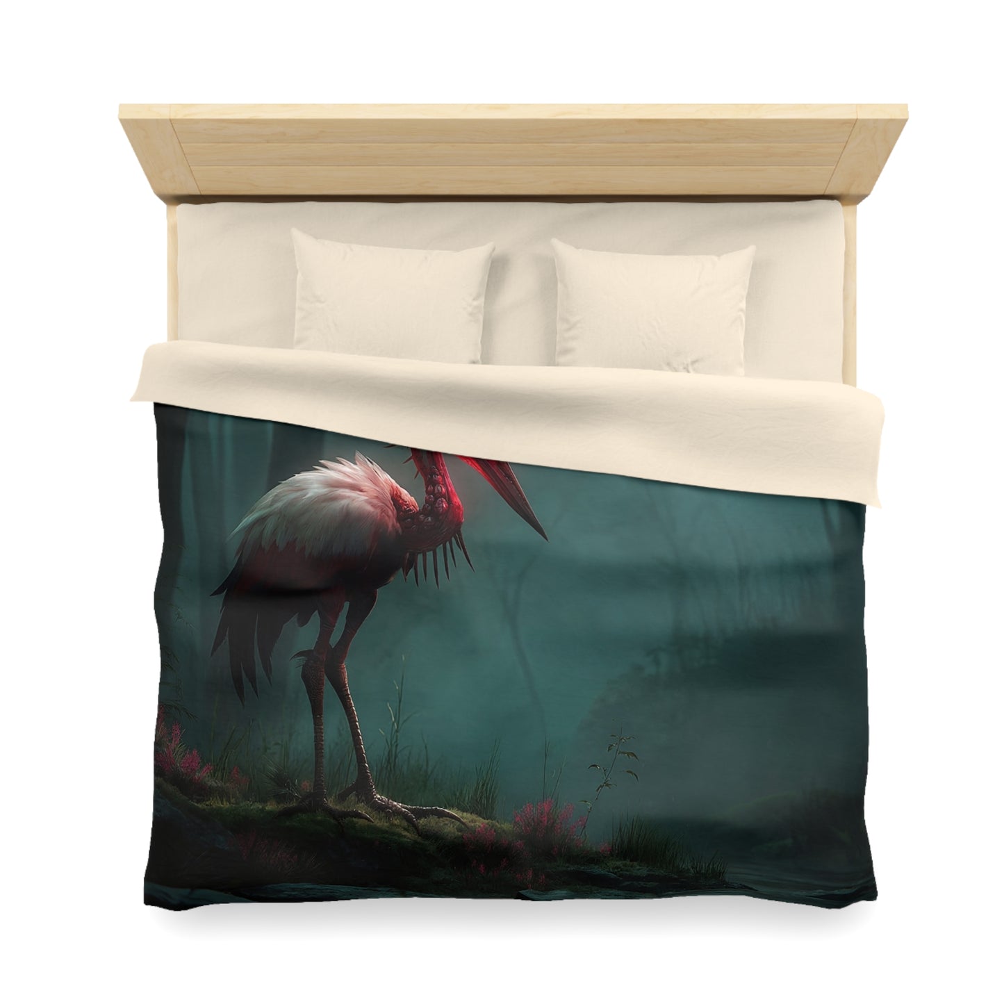 Crimson Sentinel Crane Microfiber Duvet Cover – Whispering Forest Guardian