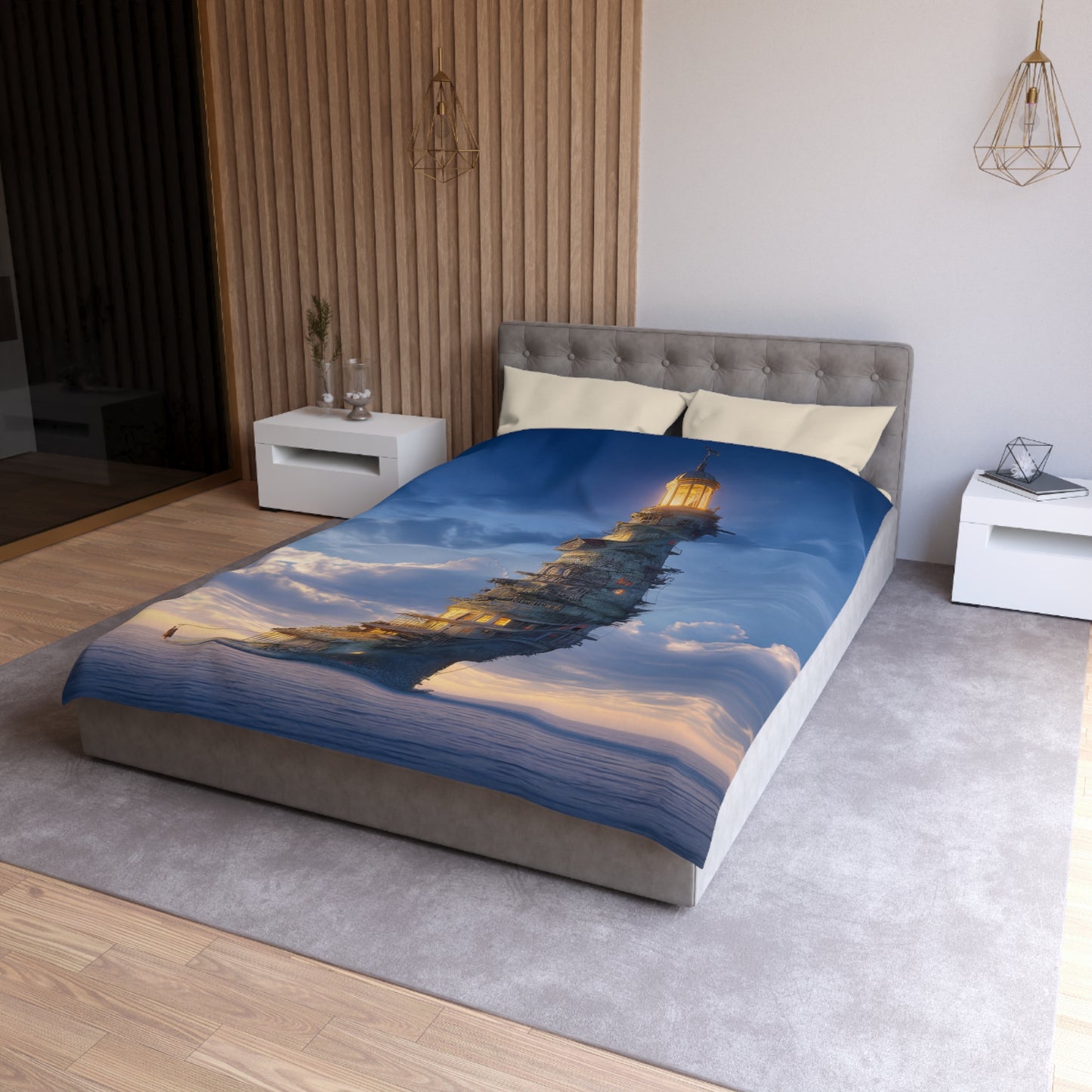 Skyward Lighthouse Microfiber Duvet Cover – A Beacon Through Twilight Clouds