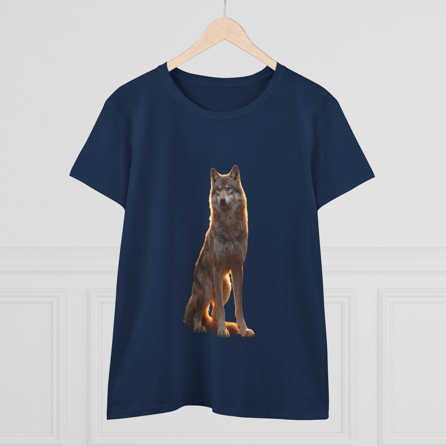 Golden Hour Wolf Women's Midweight Cotton Tee – Sentient Silhouette on Black