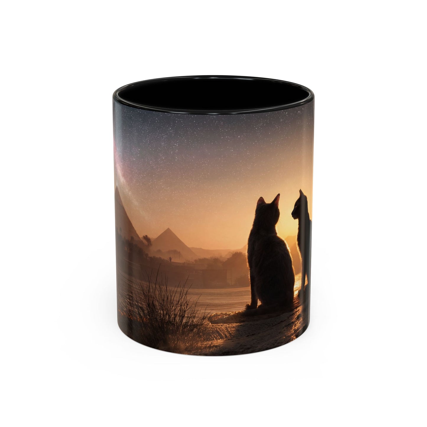 Starry Nile Guardian Cats Accent Coffee Mug (11, 15oz) – Ancient Pyramids Milky Way