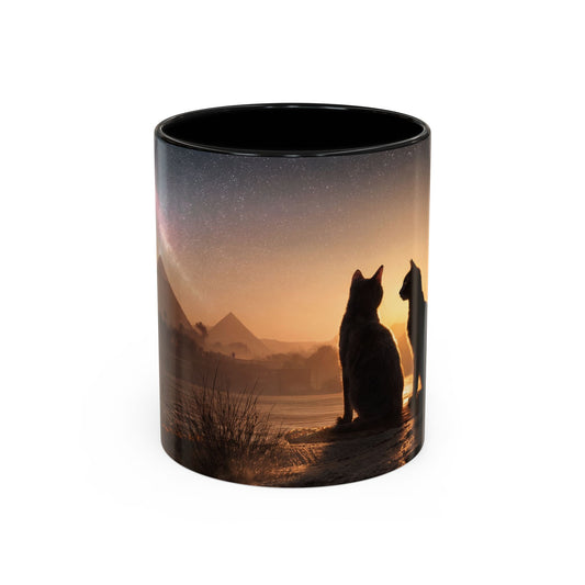 Starry Nile Guardian Cats Accent Coffee Mug (11, 15oz) – Ancient Pyramids Milky Way