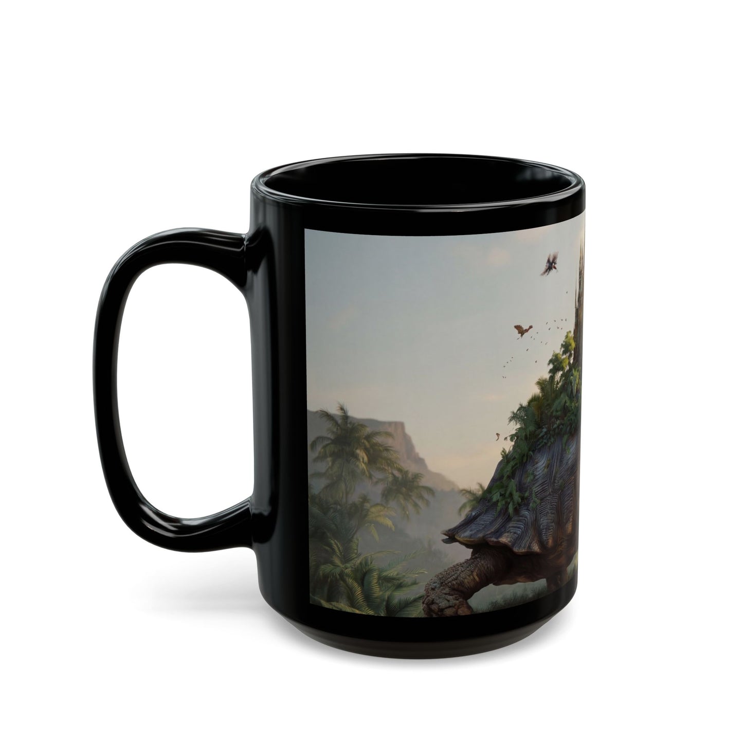 Castle on Turtle’s Back Black Mug – Sunlit Jungle Sanctuary