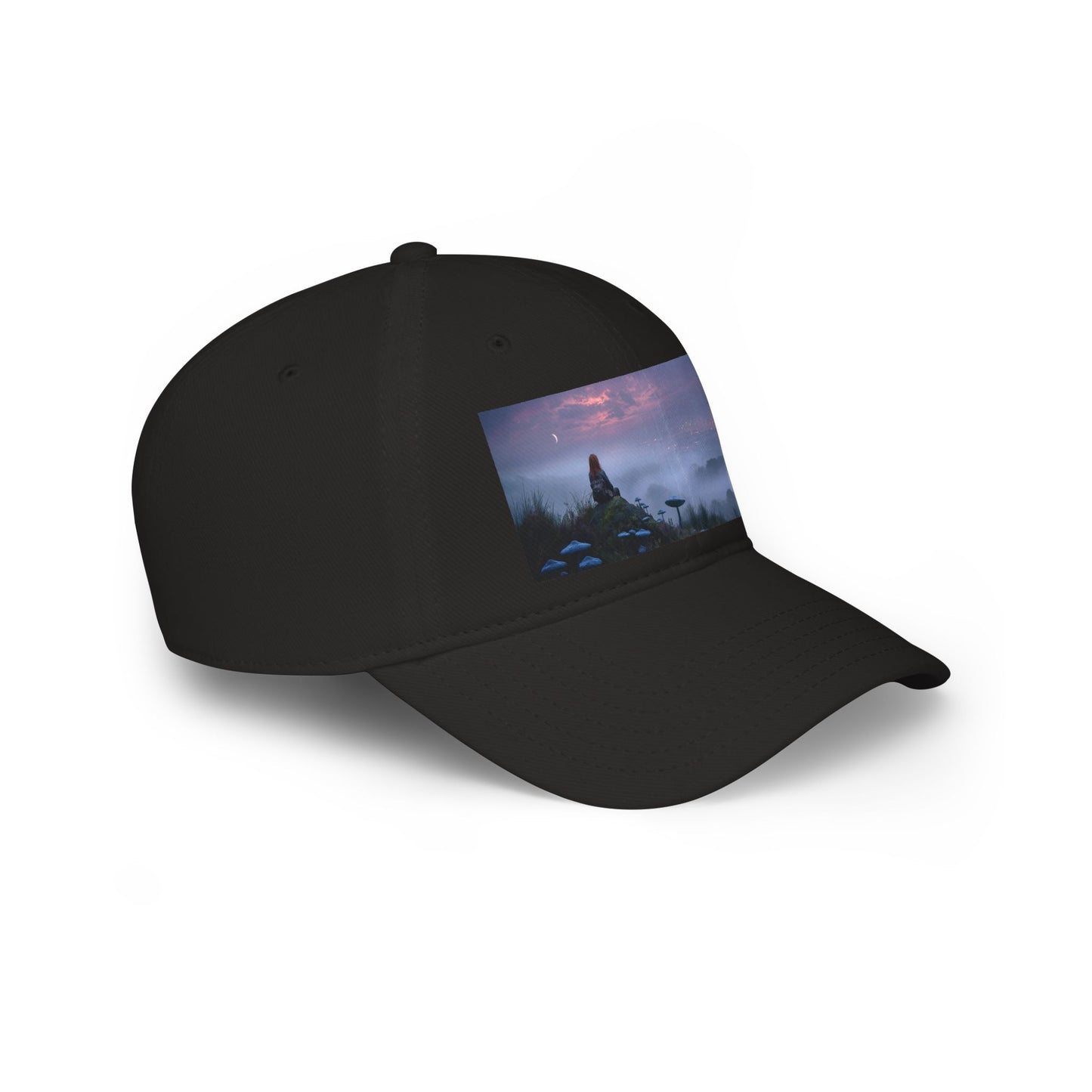 Misty Mountain Moonlight Low Profile Baseball Cap – Red-Haired Wanderer at Twilight